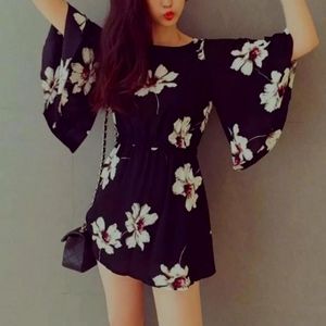 Whimsygoth Bell sleeve A line floral dress